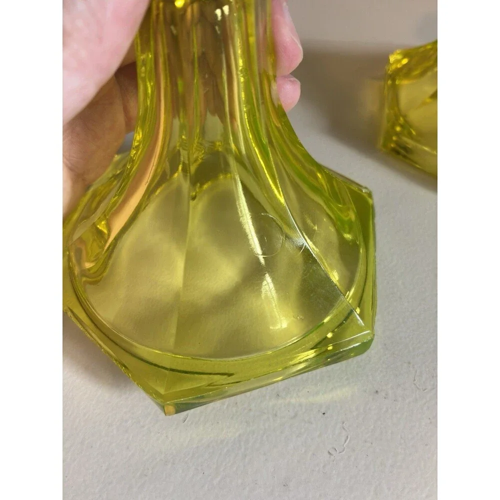 Vintage Antique Uranium Vaseline Glass Candlestick Set of 2 UV Taper Candles